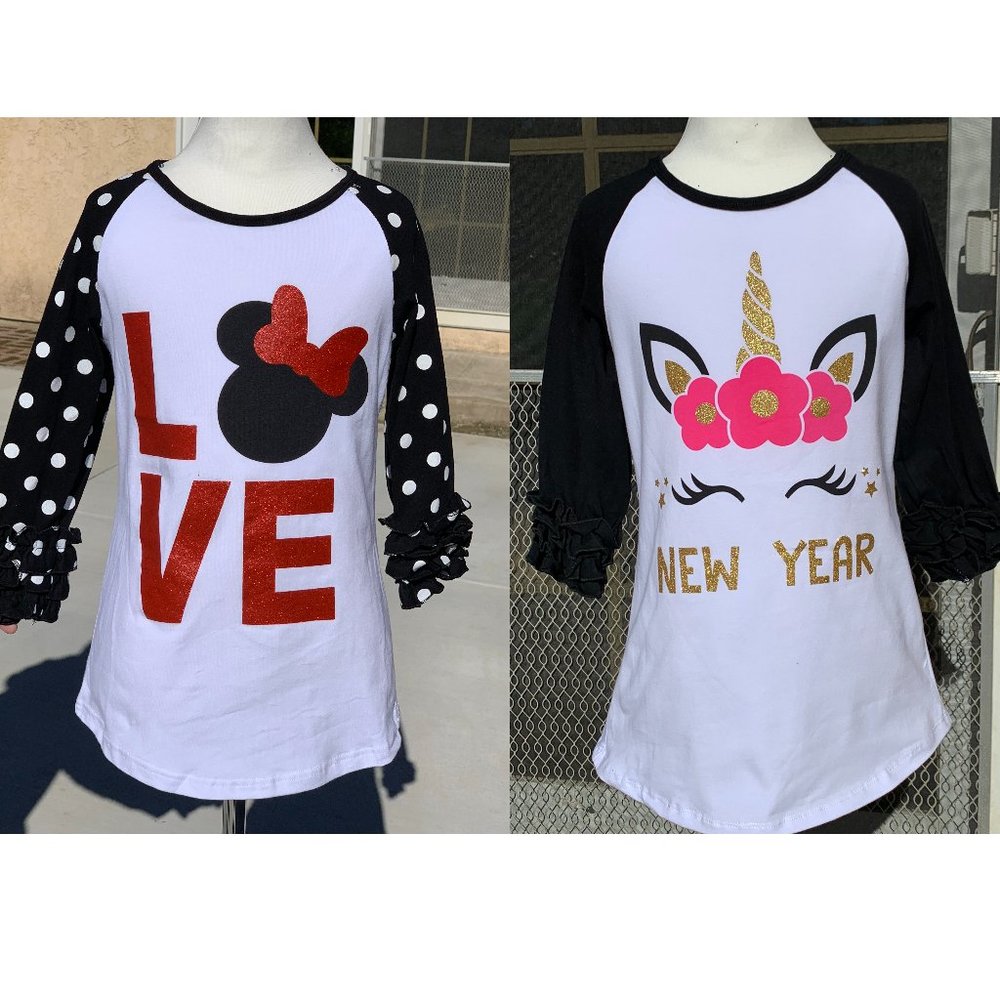 2 PCS Girls Top T-shirt Blouse Long Sleeve Unicorn Love Christmas Holiday 2T-8